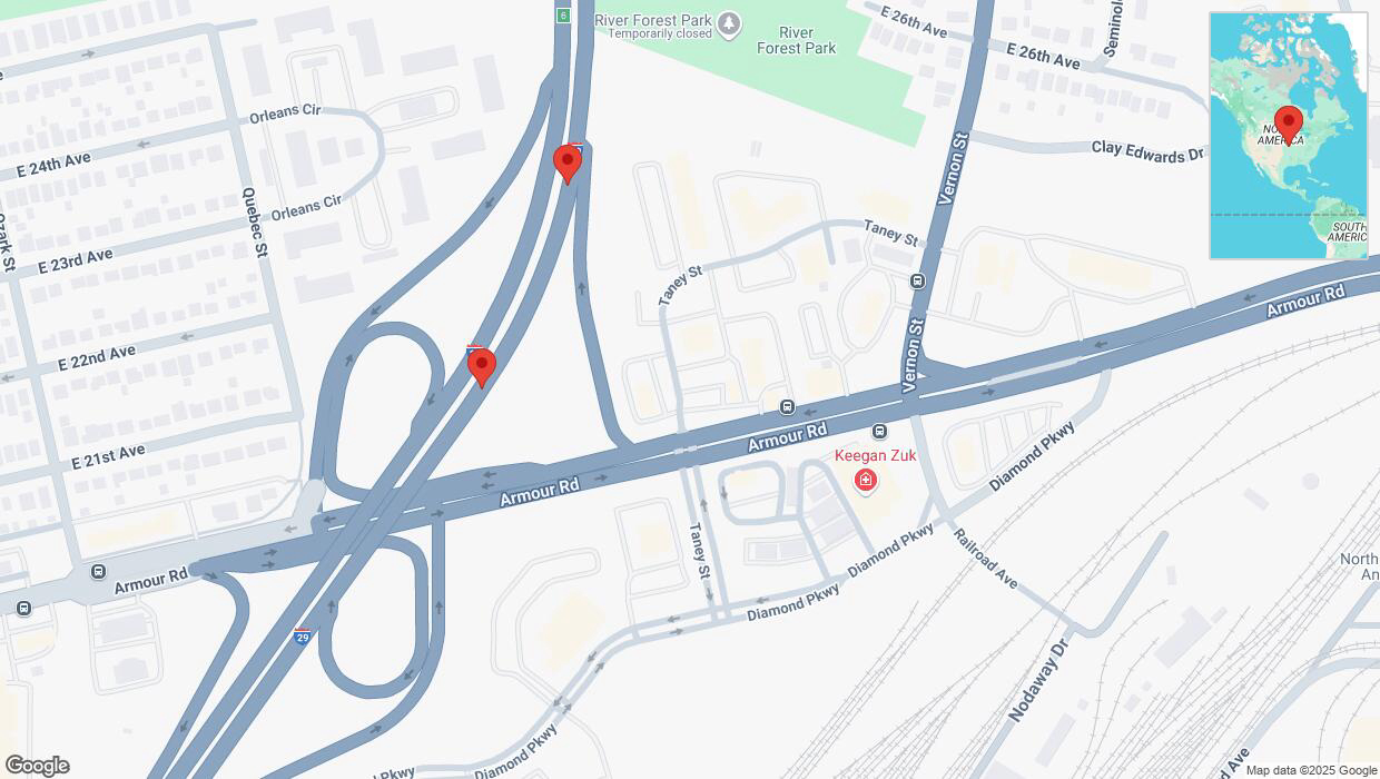 A detailed map that shows the affected road due to 'Broken down vehicle on northbound I-29/I-35 in North Kansas City' on March 12th at 12:13 p.m.