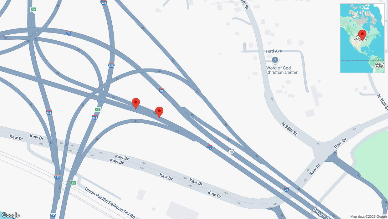 A detailed map that shows the affected road due to 'Broken down vehicle on eastbound I-70 in Kansas City' on March 12th at 12:40 p.m.