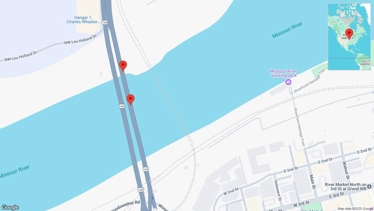 A detailed map that shows the affected road due to 'Broken down vehicle on northbound US-169 North in Kansas City' on March 12th at 1:20 p.m.