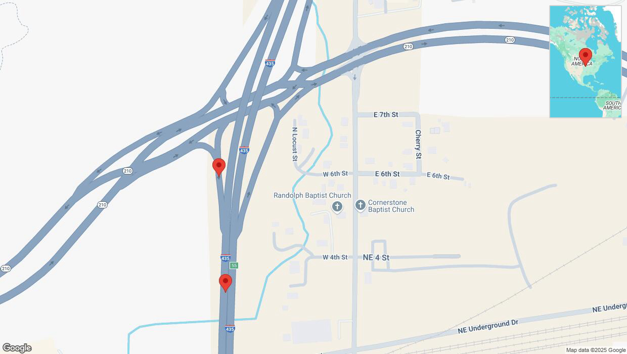 A detailed map that shows the affected road due to 'Crash reported on Interstate 435 in Randolph' on March 12th at 2:46 p.m.