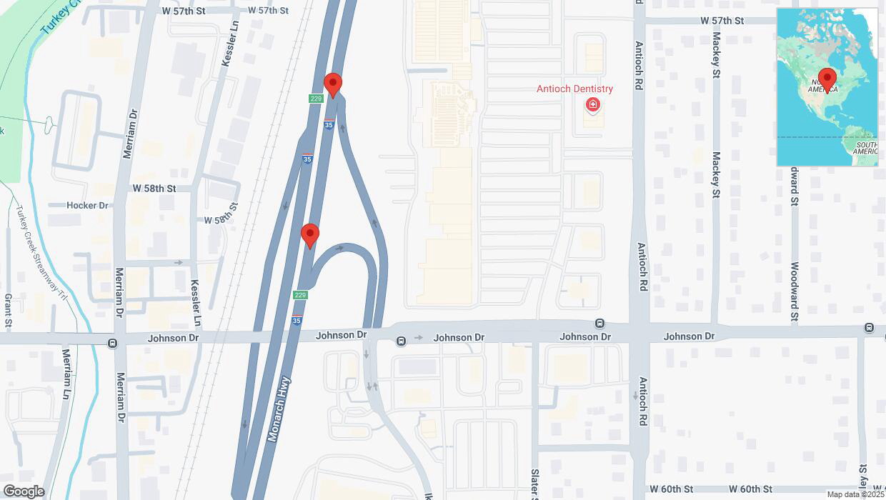 A detailed map that shows the affected road due to 'Warning: Crash on northbound I-35 in Merriam' on March 12th at 3:56 p.m.