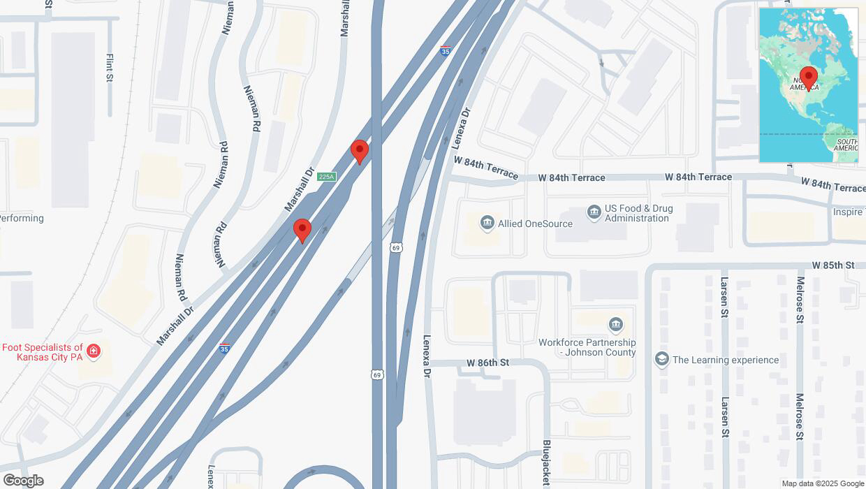 A detailed map that shows the affected road due to 'Warning: Crash on eastbound I-35 in Overland Park' on March 12th at 4:07 p.m.