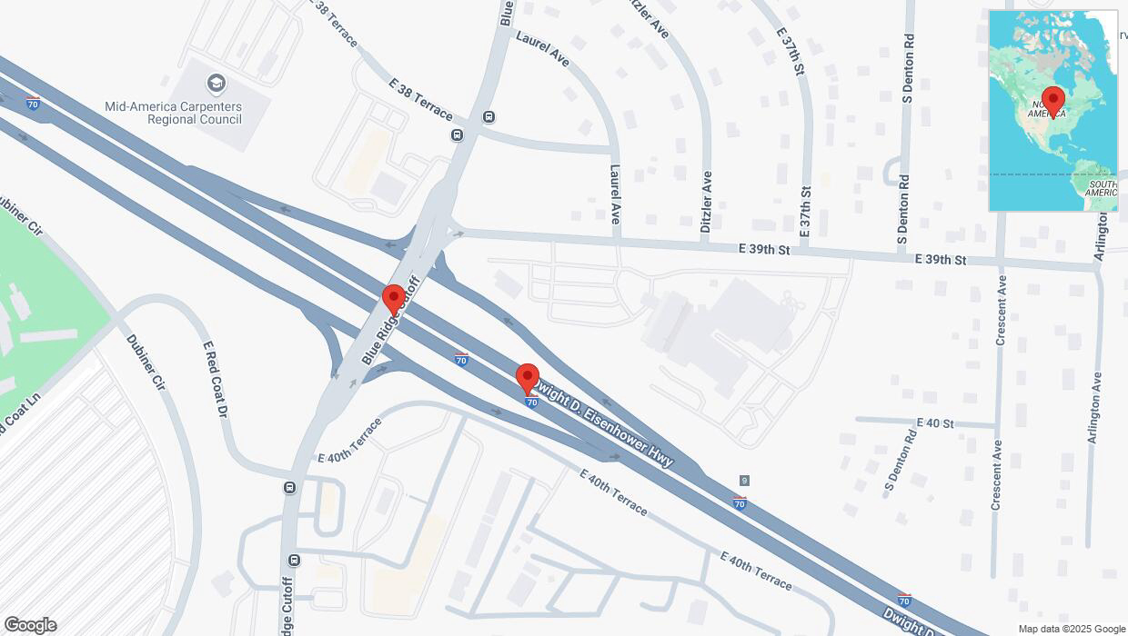 A detailed map that shows the affected road due to 'Broken down vehicle on eastbound I-70 in Kansas City' on March 12th at 4:34 p.m.