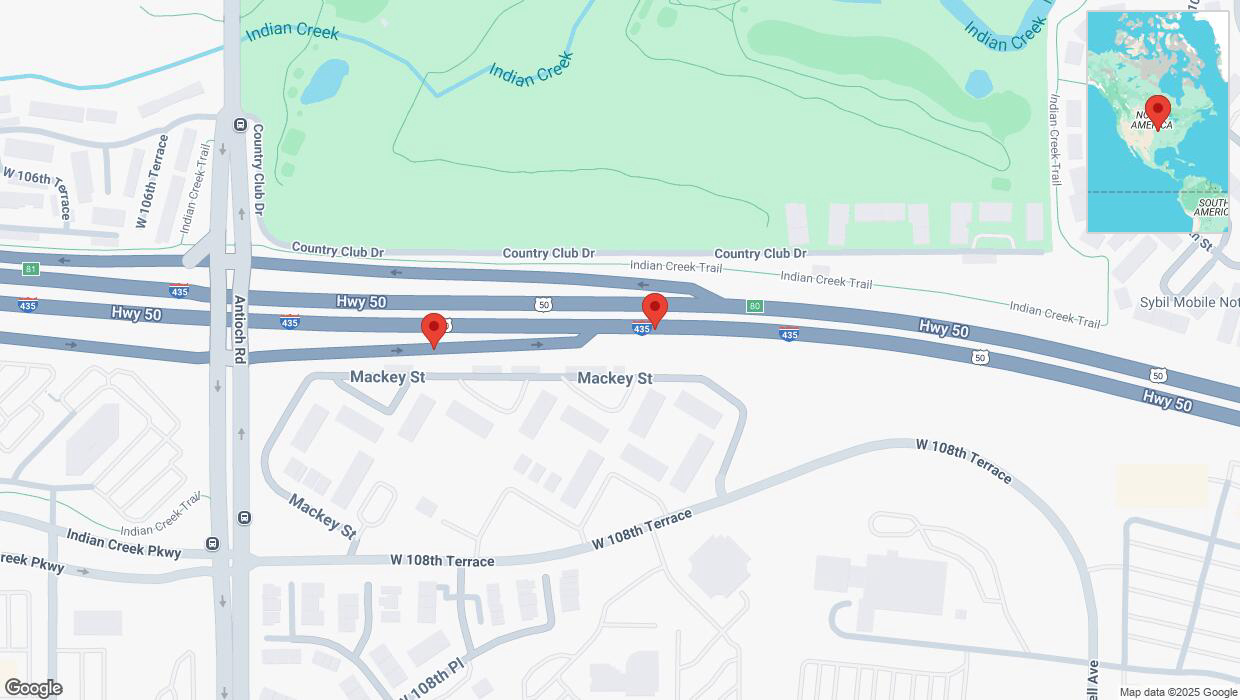 A detailed map that shows the affected road due to 'Broken down vehicle on West 108th Street in Overland Park' on March 12th at 4:46 p.m.