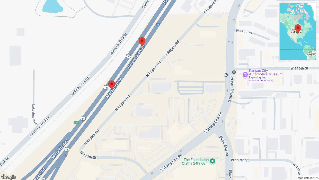 A detailed map that shows the affected road due to 'Broken down vehicle on eastbound I-35 in Olathe' on March 12th at 5:50 p.m.