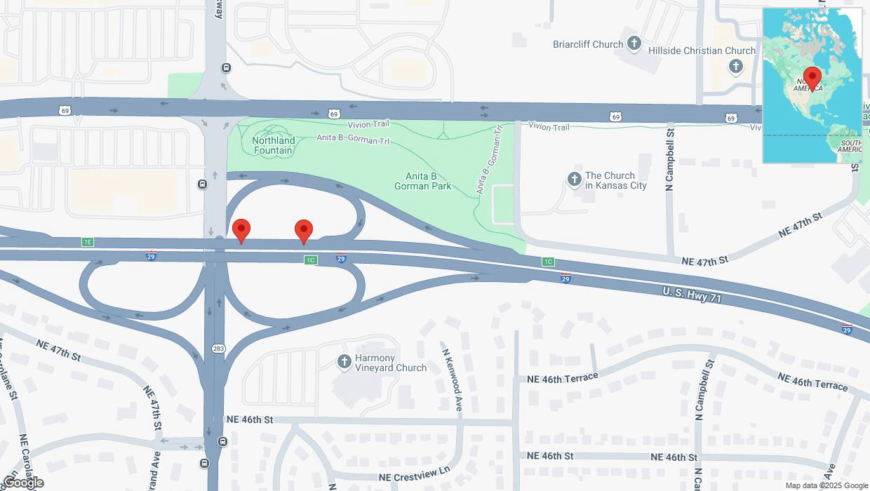 A detailed map that shows the affected road due to 'Warning in Kansas City: Crash reported on northbound I-29' on March 12th at 6:17 p.m.