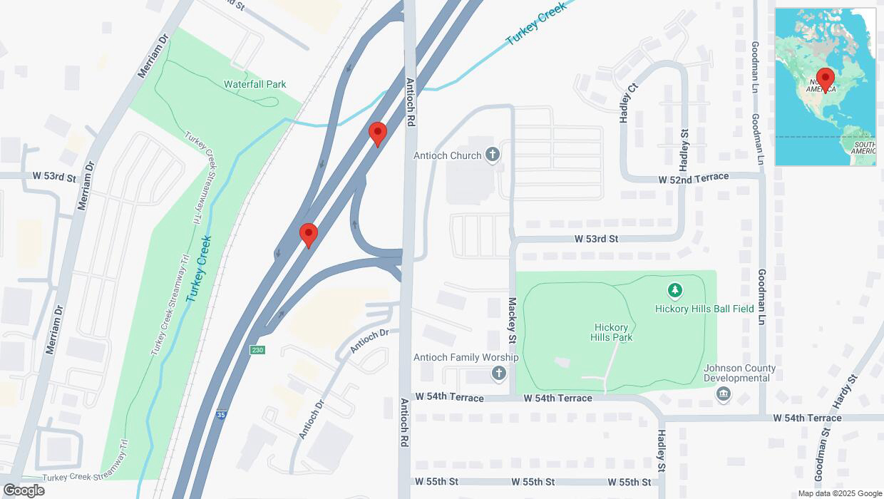 A detailed map that shows the affected road due to 'Broken down vehicle on northbound I-35 in Overland Park' on March 12th at 5:50 p.m.