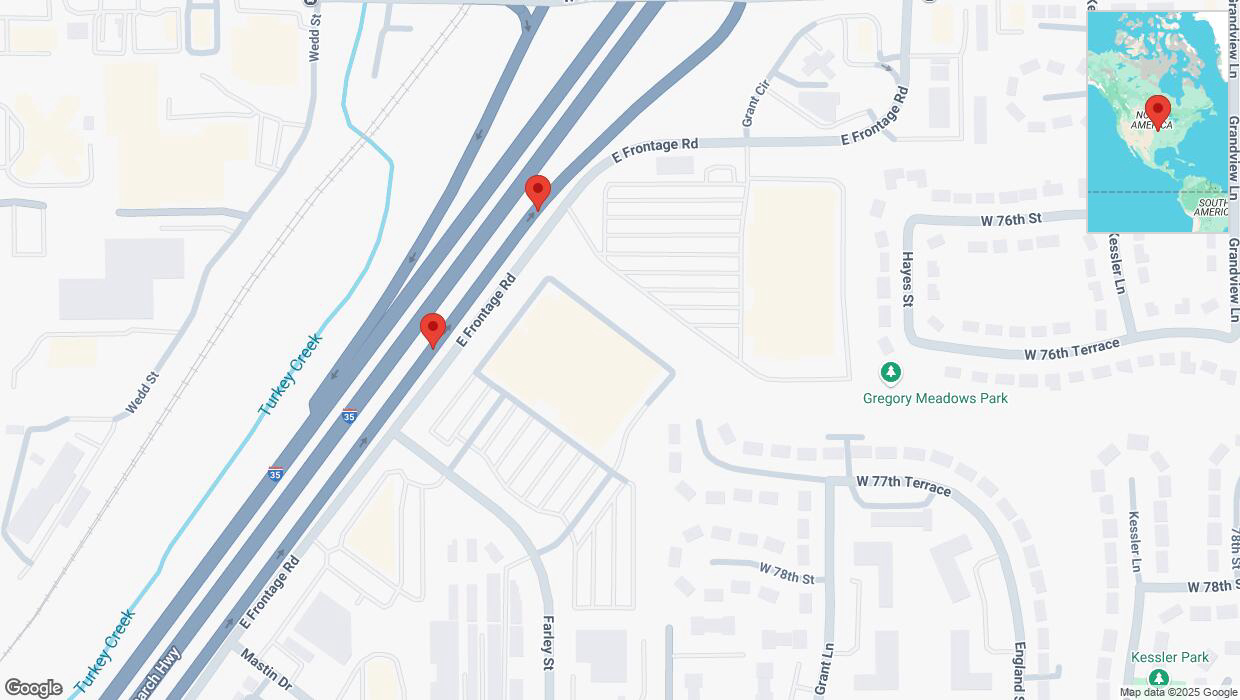A detailed map that shows the affected road due to 'Warning: Crash on East Frontage Road in Overland Park' on March 12th at 6:40 p.m.