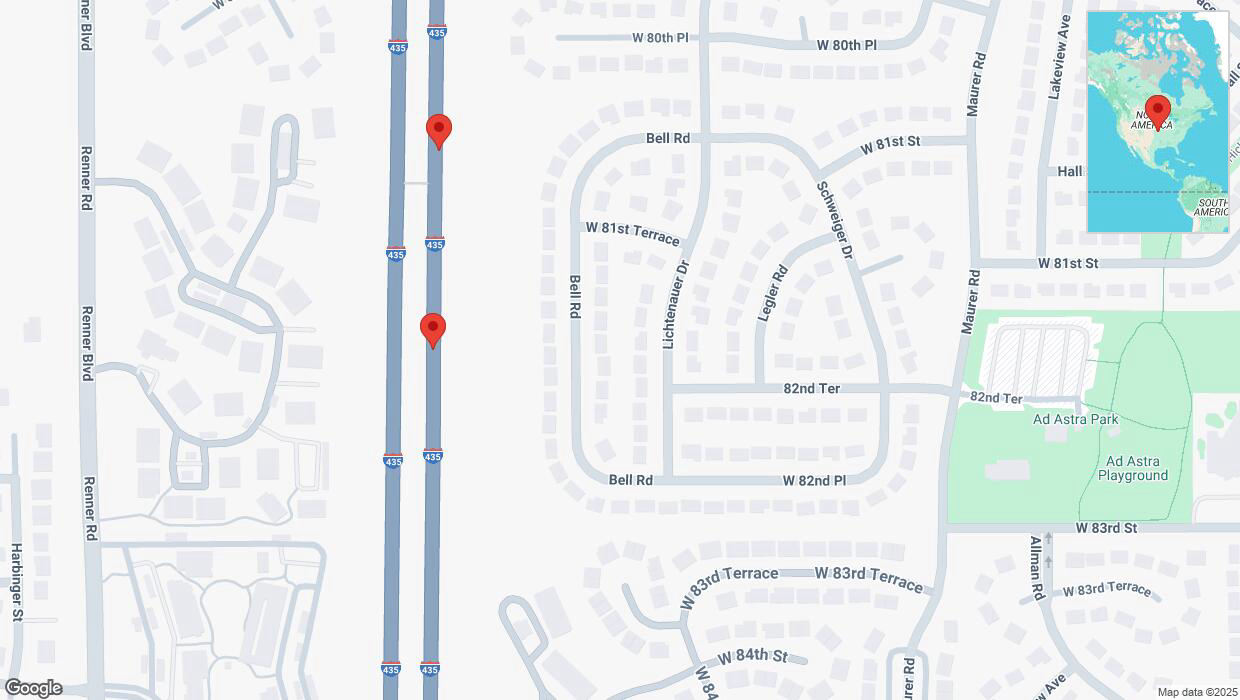 A detailed map that shows the affected road due to 'Broken down vehicle on northbound I-435 in Lenexa' on March 12th at 7:03 p.m.