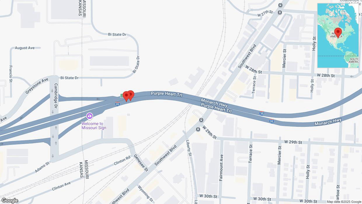 A detailed map that shows the affected road due to 'Broken down vehicle on northbound I-35 in Kansas City' on March 12th at 9:13 p.m.