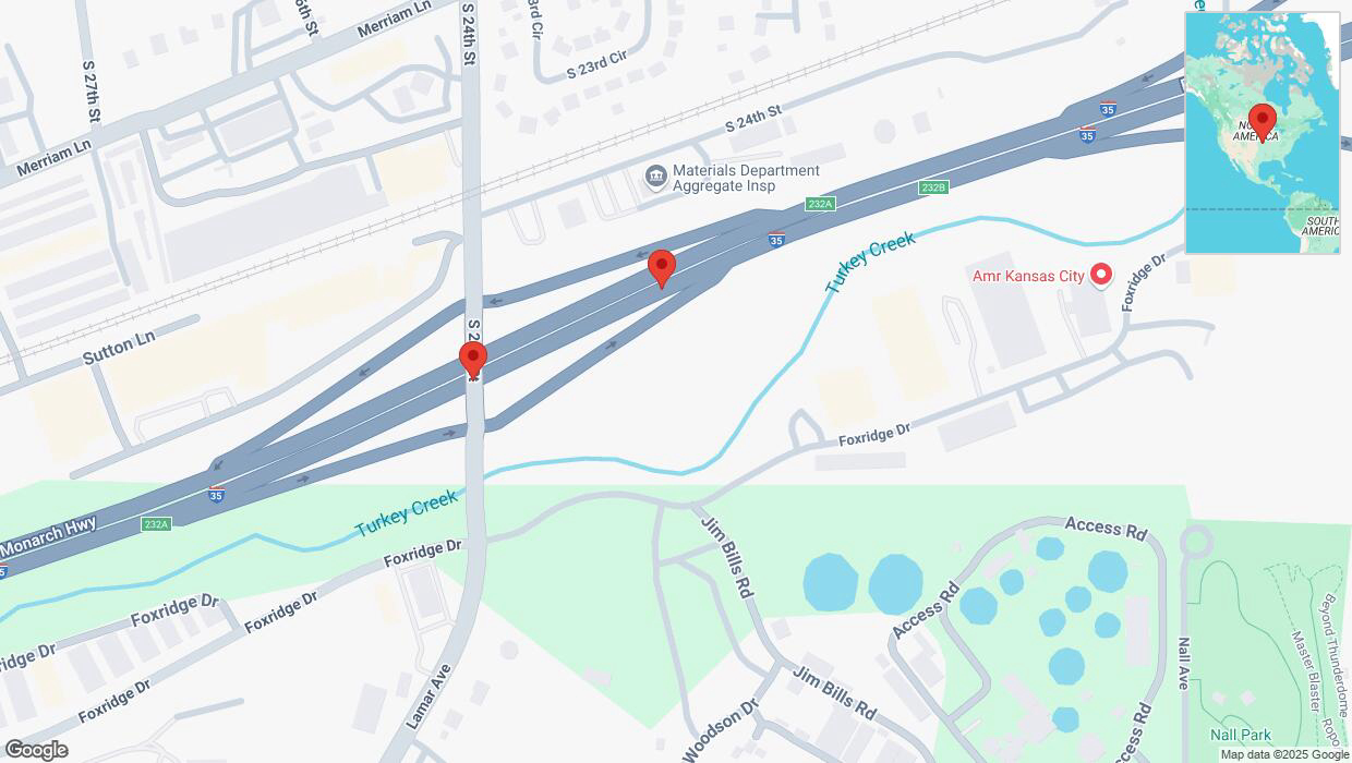 A detailed map that shows the affected road due to 'Broken down vehicle on northbound I-35 in Kansas City' on March 12th at 10:22 p.m.