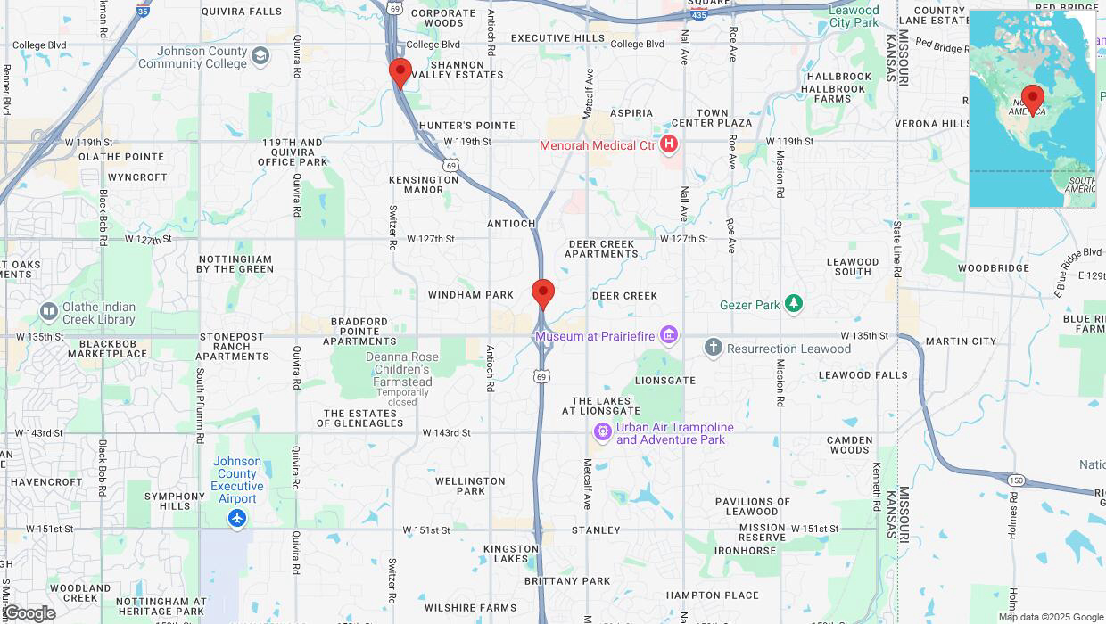 A detailed map that shows the affected road due to 'Lane on US-69 closed in Overland Park' on March 13th at 3:54 p.m.