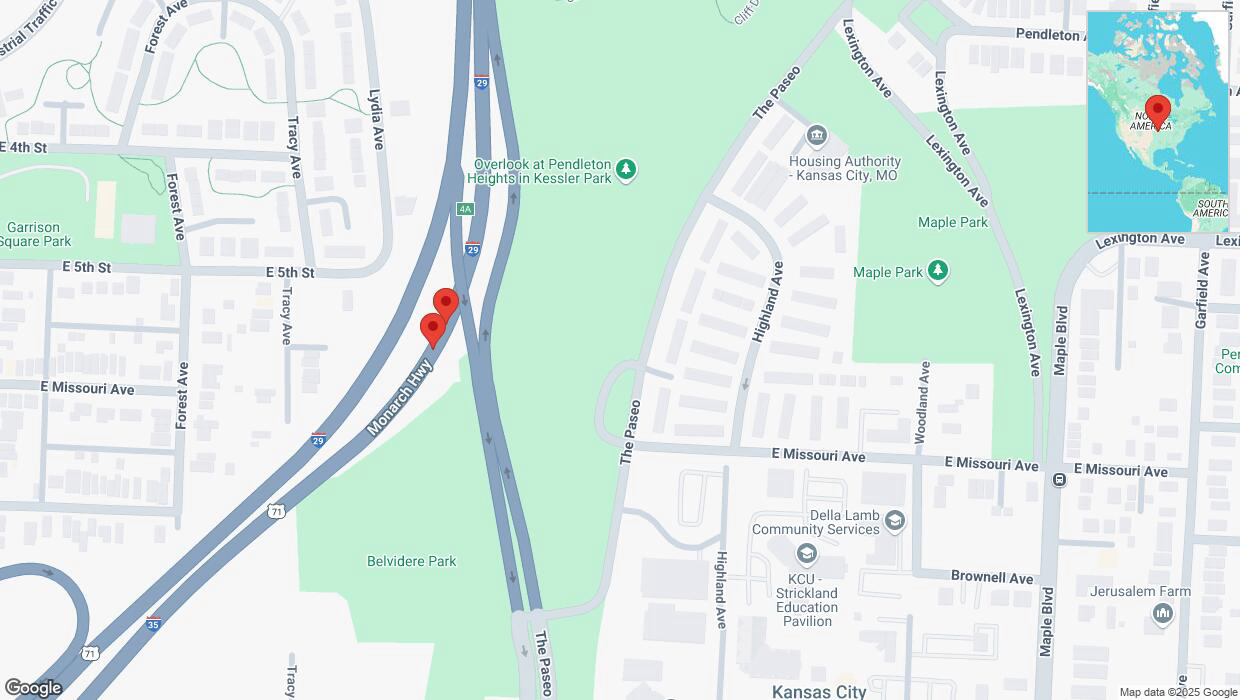 A detailed map that shows the affected road due to 'Broken down vehicle on northbound I-35 in Kansas City' on March 13th at 12:48 p.m.