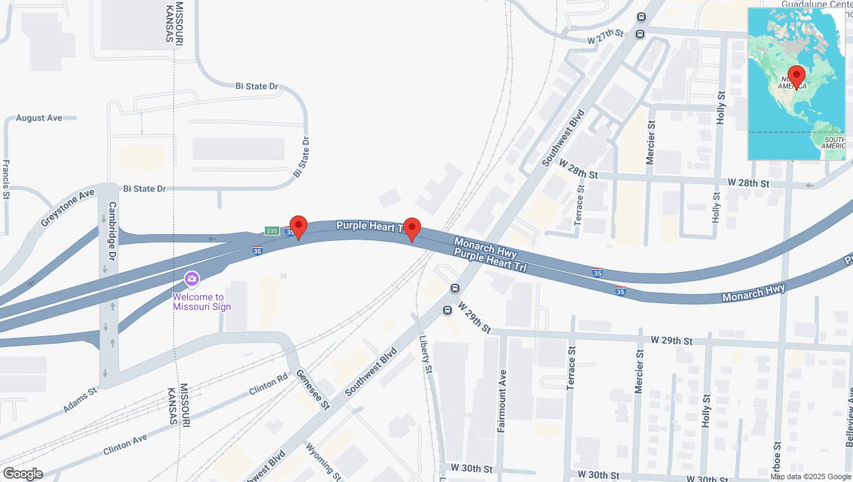 A detailed map that shows the affected road due to 'Broken down vehicle on northbound I-35 in Kansas City' on March 13th at 1:33 p.m.