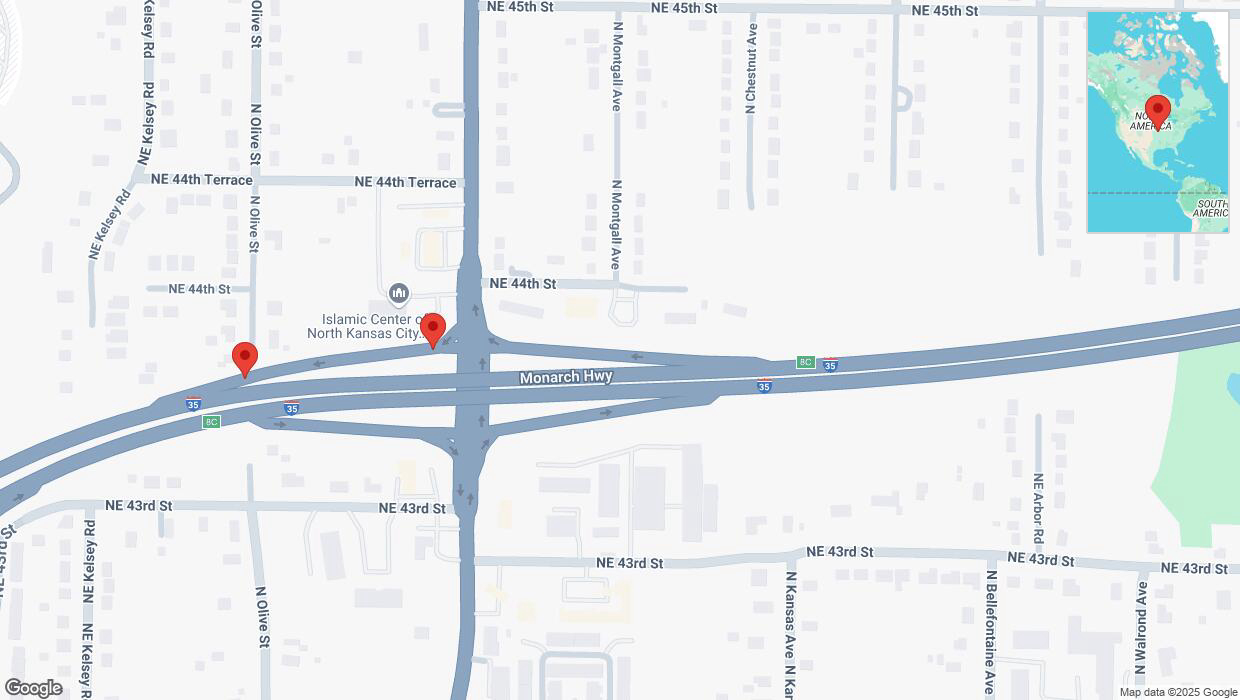 A detailed map that shows the affected road due to 'Broken down vehicle on Northeast Antioch Road in Kansas City' on March 13th at 3:13 p.m.