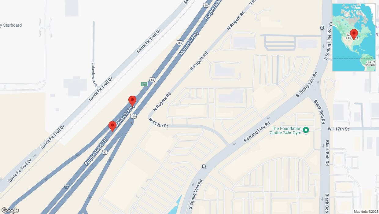 A detailed map that shows the affected road due to 'Broken down vehicle on westbound I-35 in Olathe' on March 18th at 2:01 p.m.
