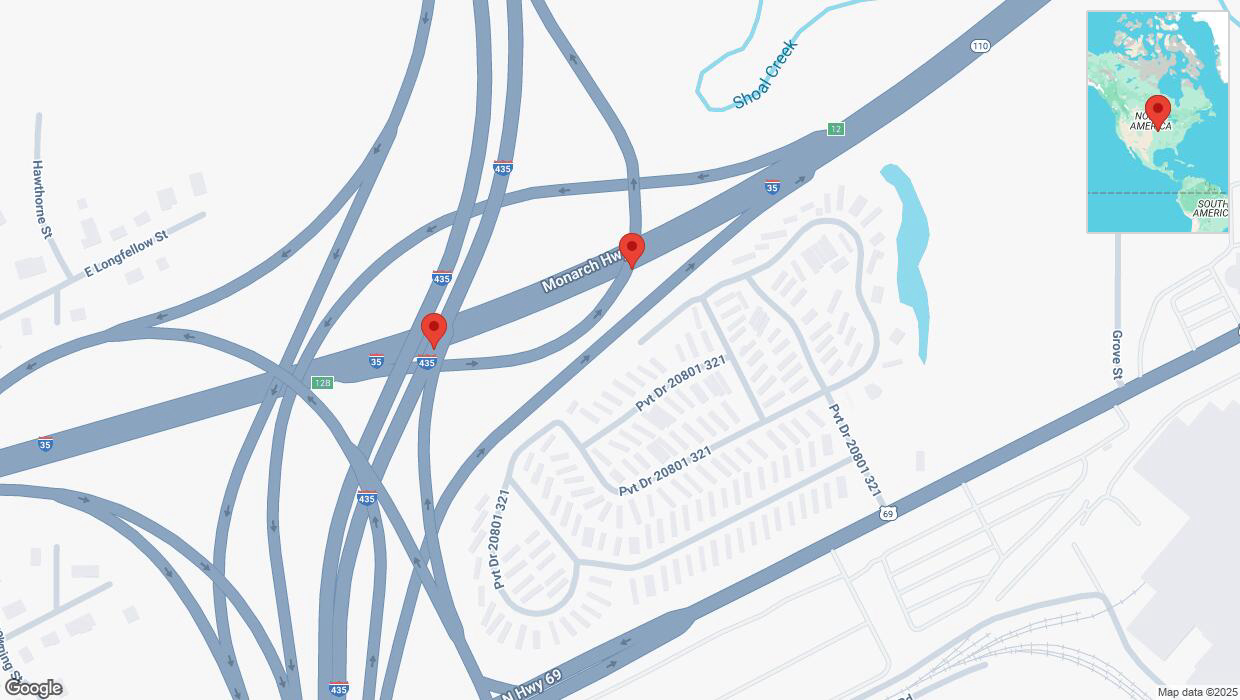 A detailed map that shows the affected road due to 'Broken down vehicle on northbound I-35 in Kansas City' on March 13th at 5:07 p.m.