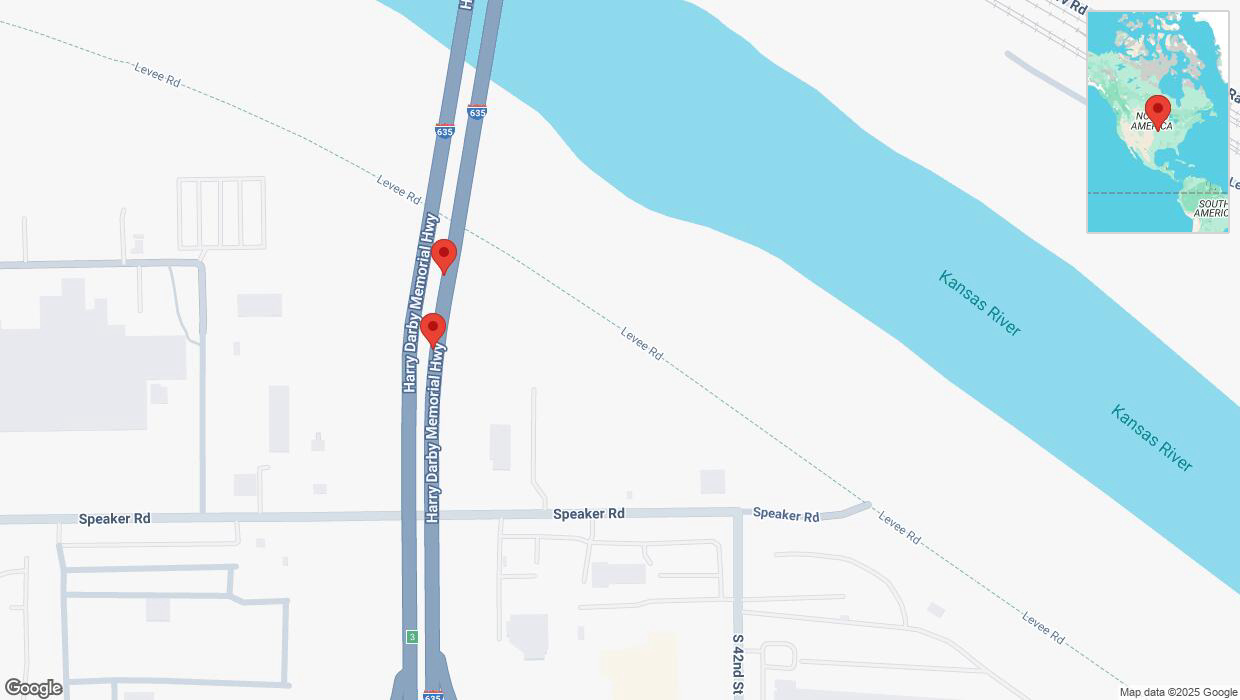 A detailed map that shows the affected road due to 'Broken down vehicle on northbound I-635 in Kansas City' on March 13th at 4:21 p.m.