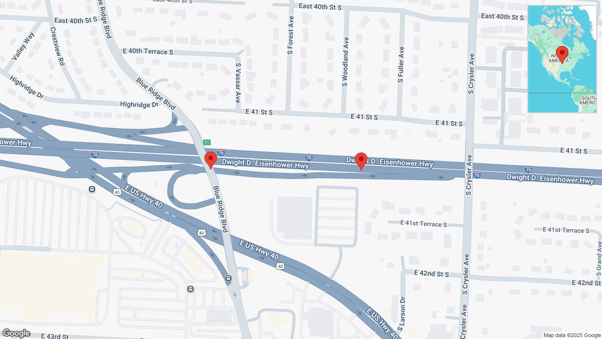 A detailed map that shows the affected road due to 'Broken down vehicle on Blue Ridge Boulevard in Kansas City' on March 13th at 5:42 p.m.