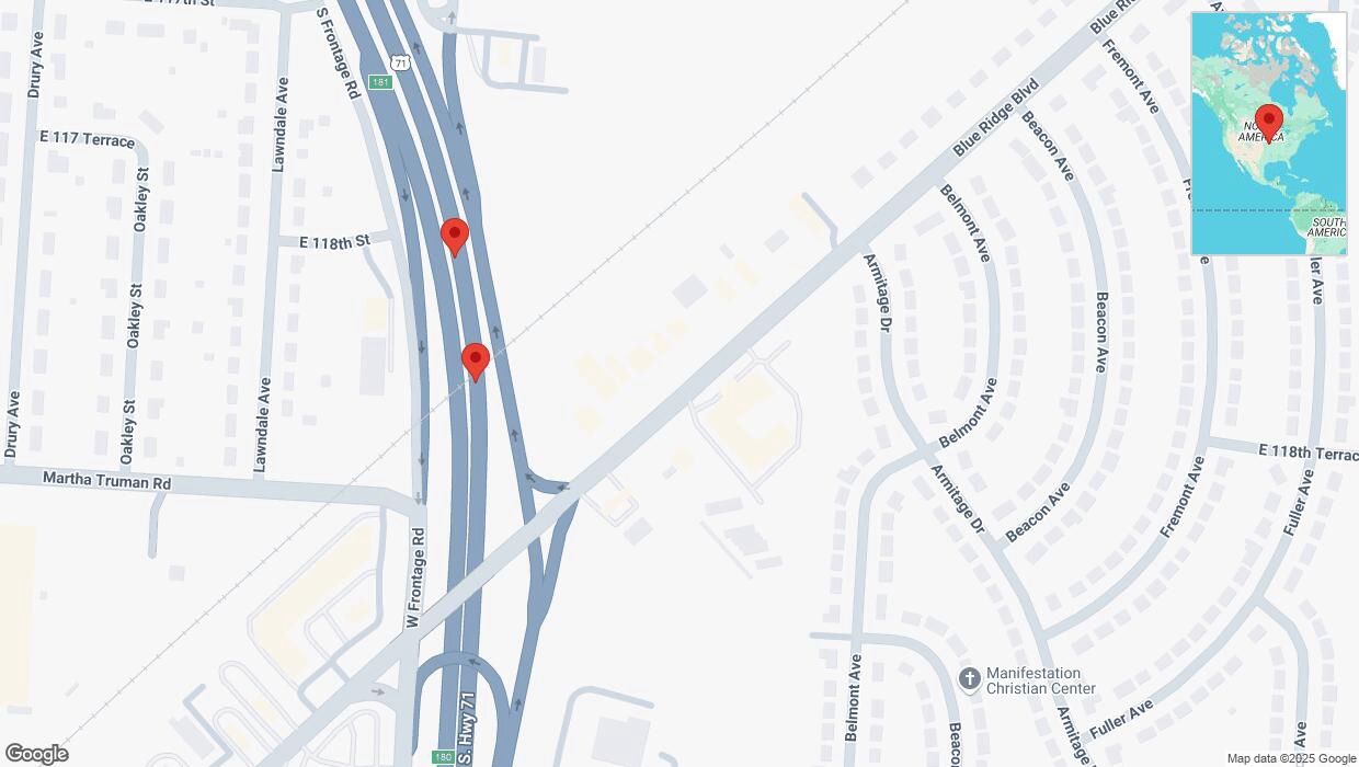 A detailed map that shows the affected road due to 'Broken down vehicle on northbound I-40/US-71 in Kansas City' on March 13th at 4:51 p.m.