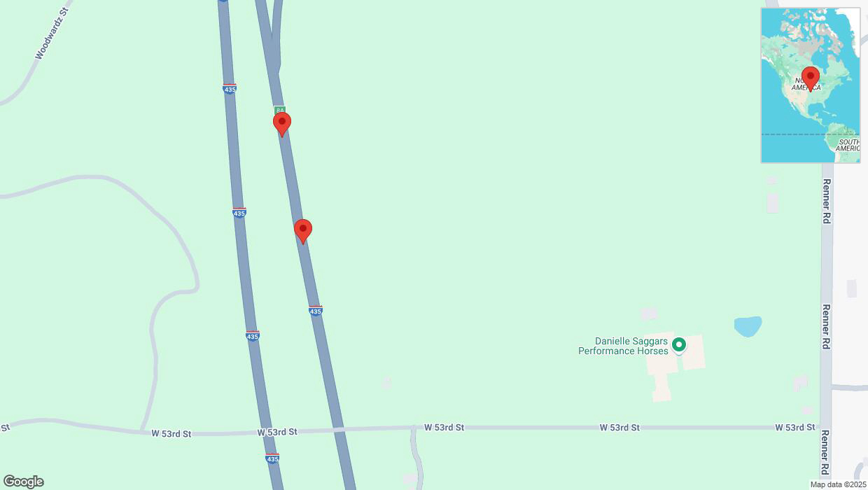 A detailed map that shows the affected road due to 'Broken down vehicle on northbound I-435 in Shawnee' on March 13th at 6:49 p.m.