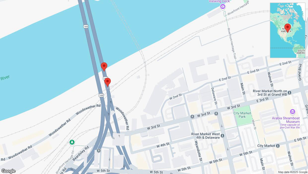 A detailed map that shows the affected road due to 'Broken down vehicle on northbound US-169 North in Kansas City' on March 13th at 5:32 p.m.