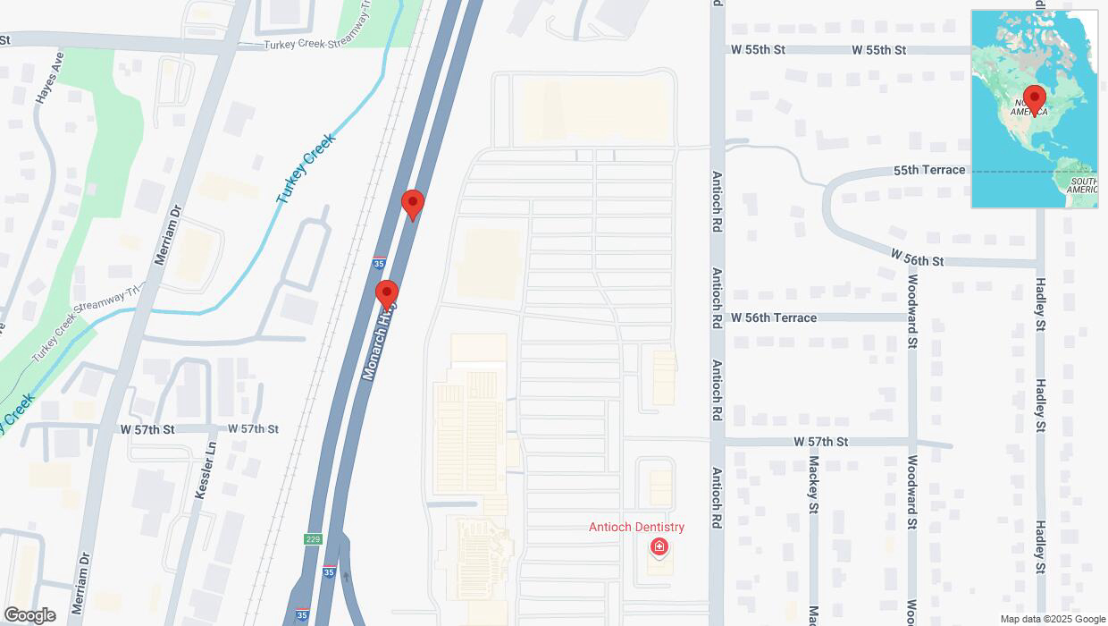 A detailed map that shows the affected road due to 'Broken down vehicle on northbound I-35 in Merriam' on March 13th at 7:40 p.m.