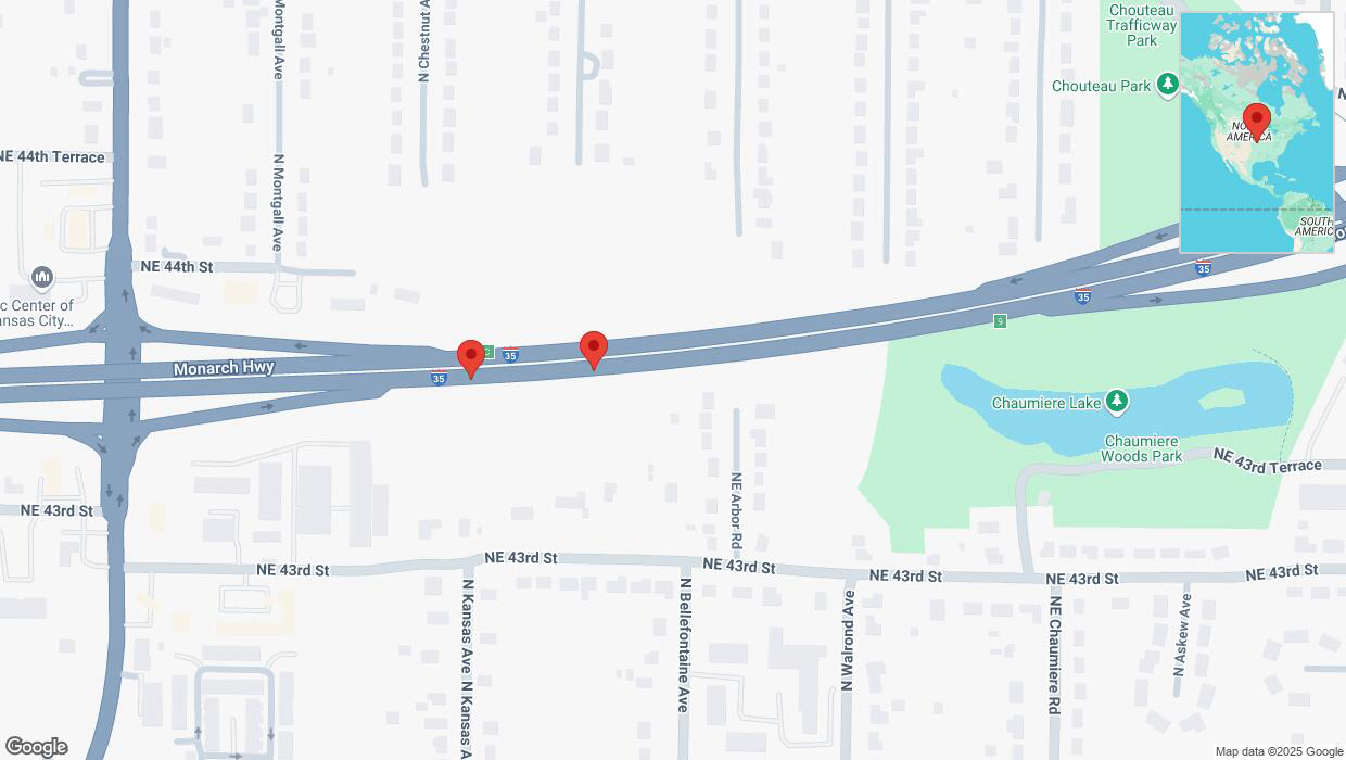 A detailed map that shows the affected road due to 'Broken down vehicle on northbound I-35 in Kansas City' on March 13th at 7:23 p.m.