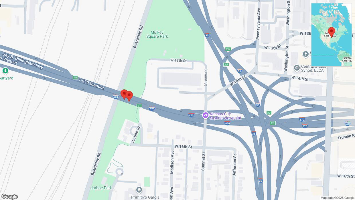 A detailed map that shows the affected road due to 'Broken down vehicle on eastbound I-670 in Kansas City' on March 13th at 7:30 p.m.