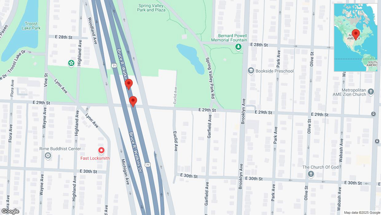 A detailed map that shows the affected road due to 'Broken down vehicle on northbound US-71 in Kansas City' on March 13th at 7:30 p.m.