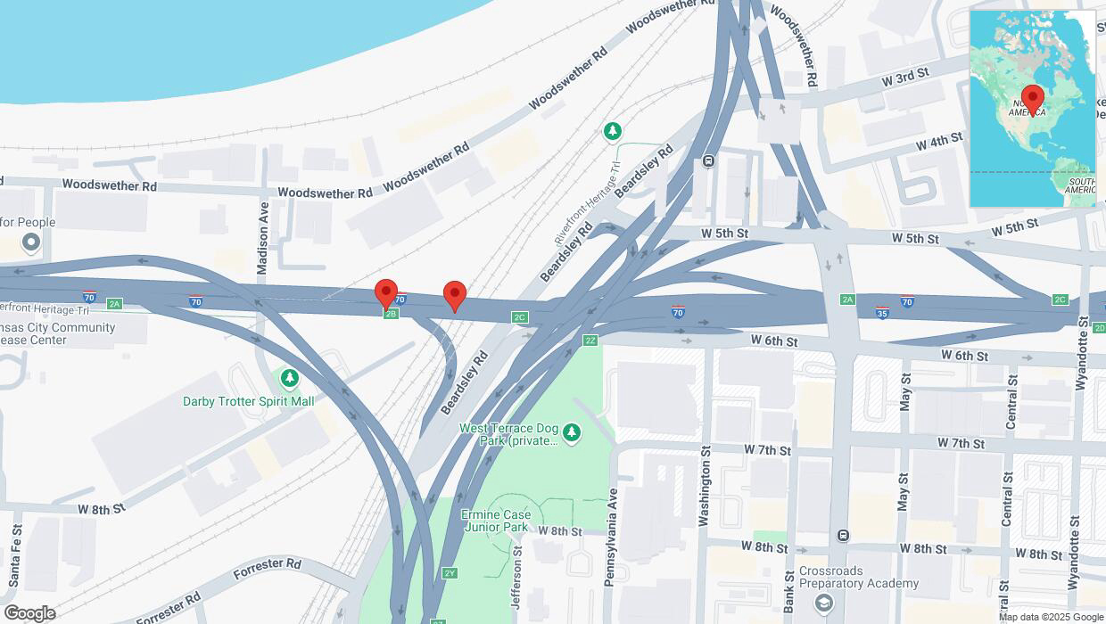 A detailed map that shows the affected road due to 'Broken down vehicle on eastbound I-70 in Kansas City' on March 13th at 7:46 p.m.