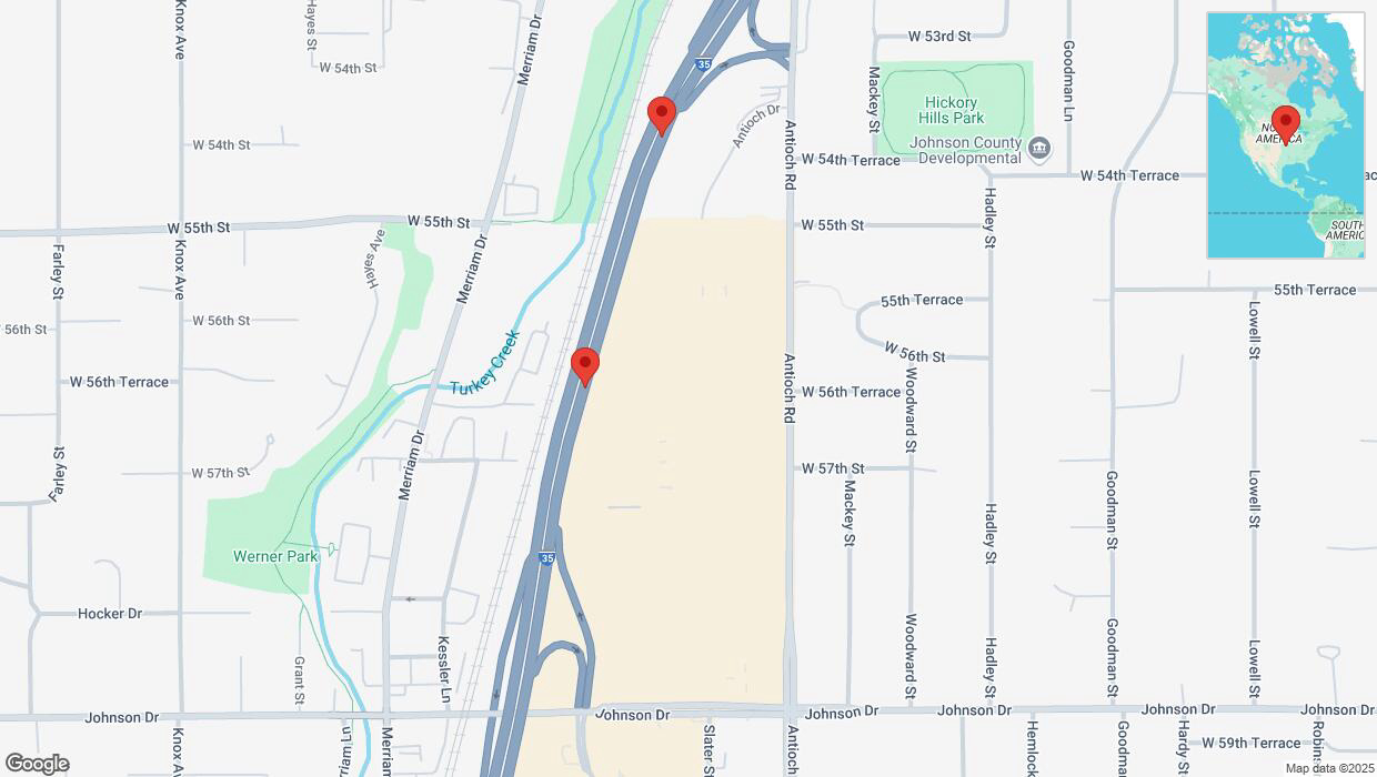 A detailed map that shows the affected road due to 'Broken down vehicle on northbound I-35 in Merriam' on March 13th at 8:09 p.m.