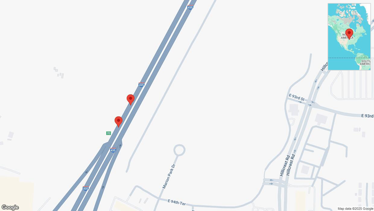 A detailed map that shows the affected road due to 'Broken down vehicle on southbound I-435 in Kansas City' on March 18th at 8 p.m.