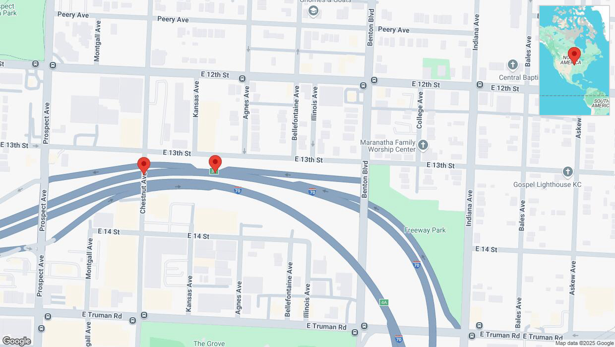 A detailed map that shows the affected road due to 'Broken down vehicle on westbound I-70 in Kansas City' on March 13th at 9:58 p.m.