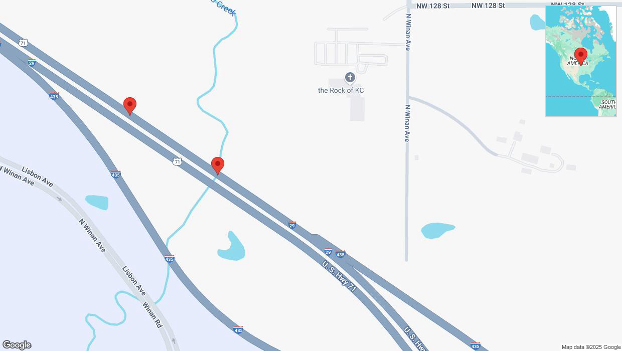 A detailed map that shows the affected road due to 'Broken down vehicle on northbound I-435/I-29 in Kansas City' on March 13th at 10:09 p.m.