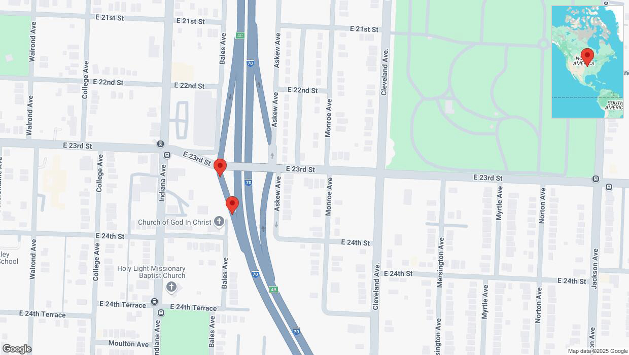 A detailed map that shows the affected road due to 'Broken down vehicle on East 23rd Street in Kansas City' on March 13th at 10:37 p.m.