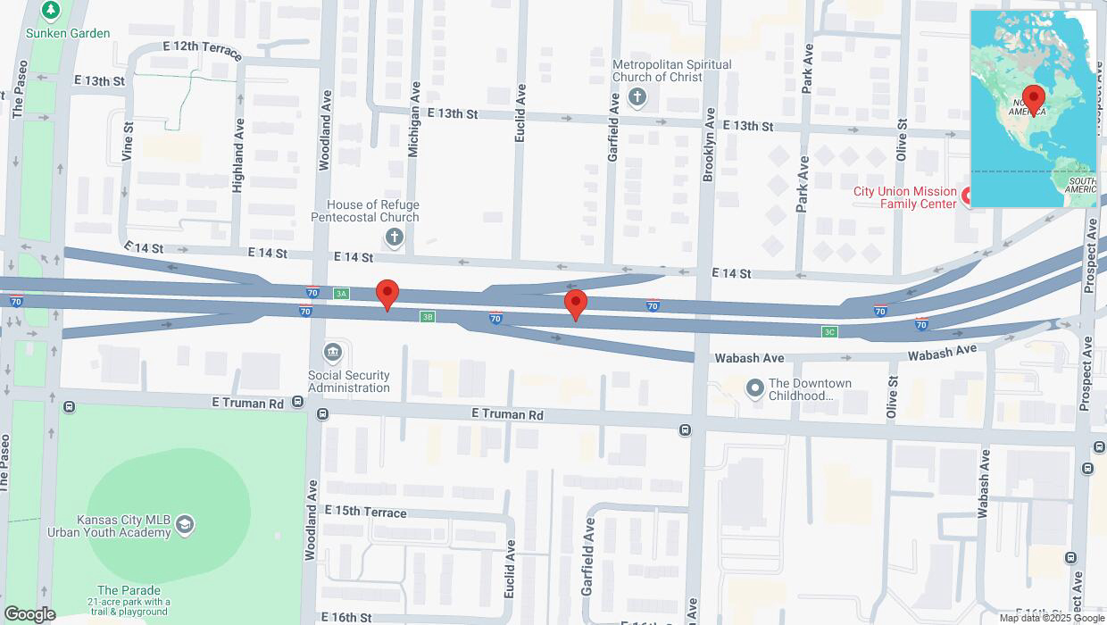 A detailed map that shows the affected road due to 'Broken down vehicle on eastbound I-70 in Kansas City' on March 17th at 3 p.m.