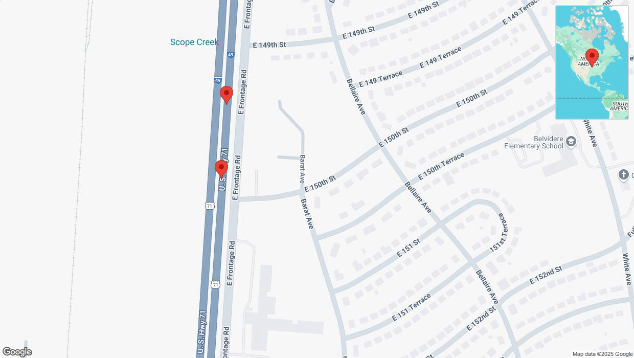 A detailed map that shows the affected road due to 'Broken down vehicle on northbound I-40/US-71 in Grandview' on March 17th at 9:07 p.m.