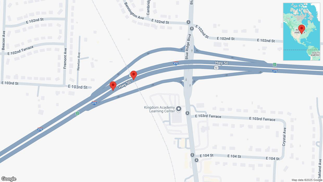 A detailed map that shows the affected road due to 'Broken down vehicle on eastbound I-470 in Raytown' on March 14th at 6:18 p.m.