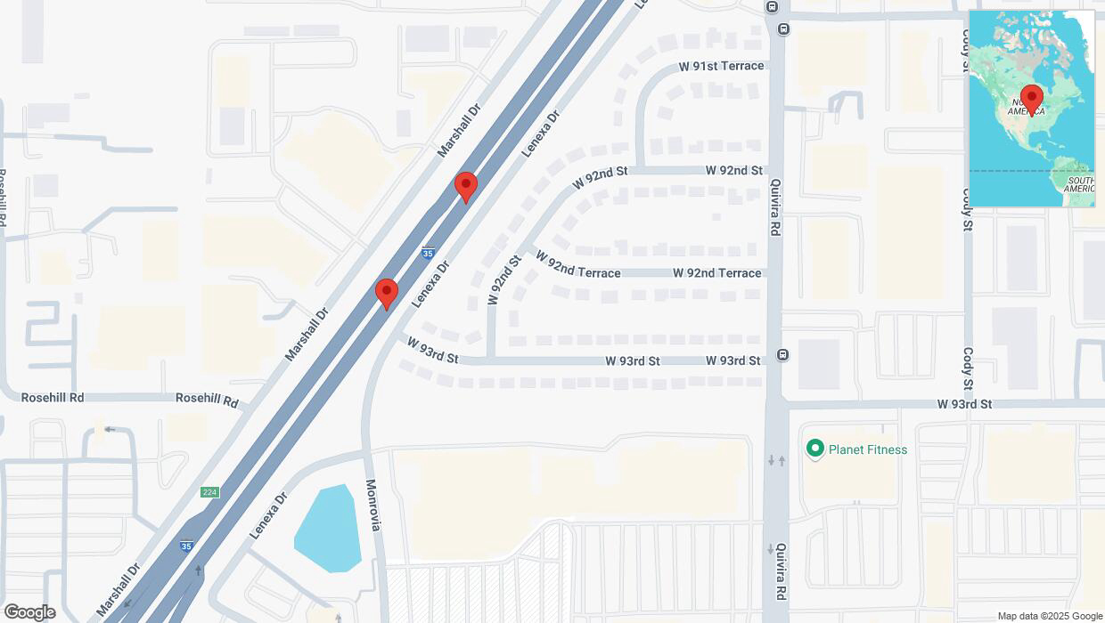A detailed map that shows the affected road due to 'Broken down vehicle on eastbound I-35 in Lenexa' on March 17th at 10:10 p.m.