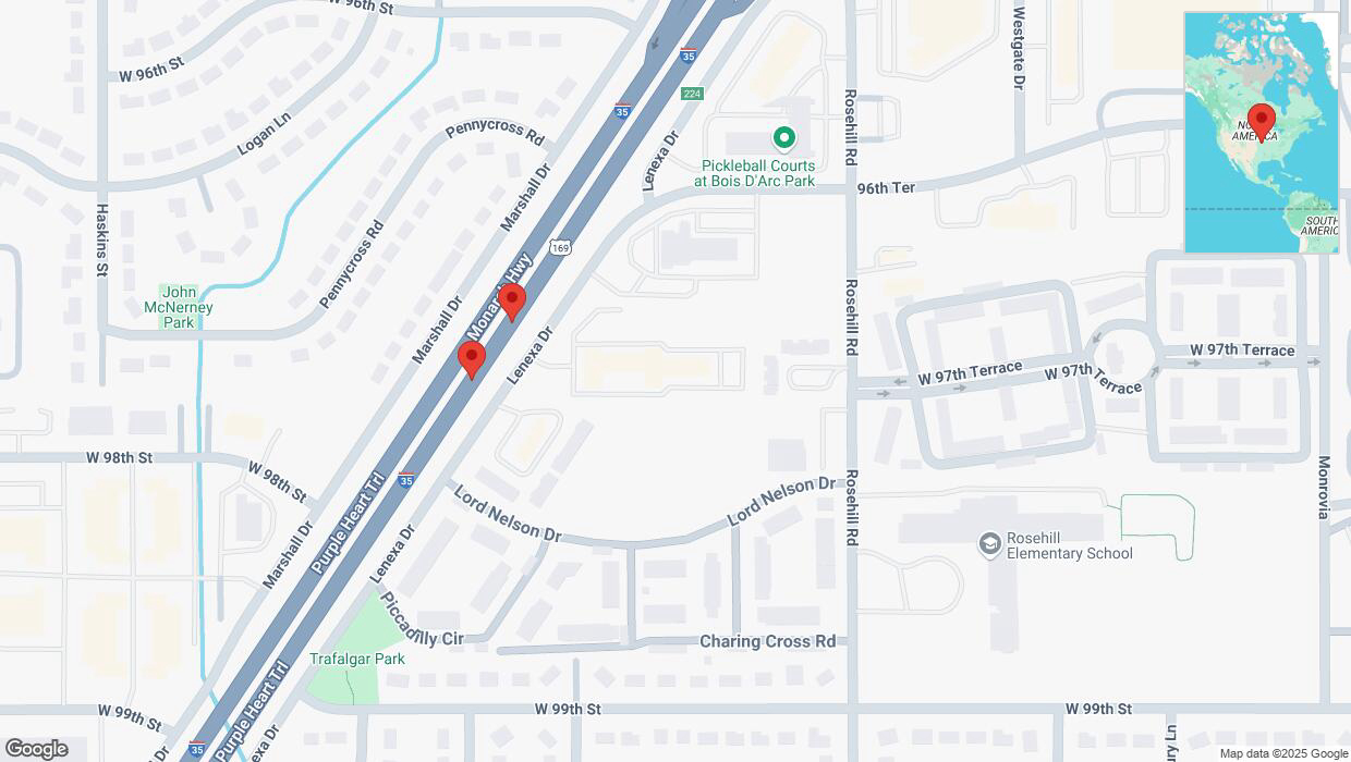 A detailed map that shows the affected road due to 'Broken down vehicle on eastbound I-35 in Lenexa' on March 14th at 12:12 p.m.