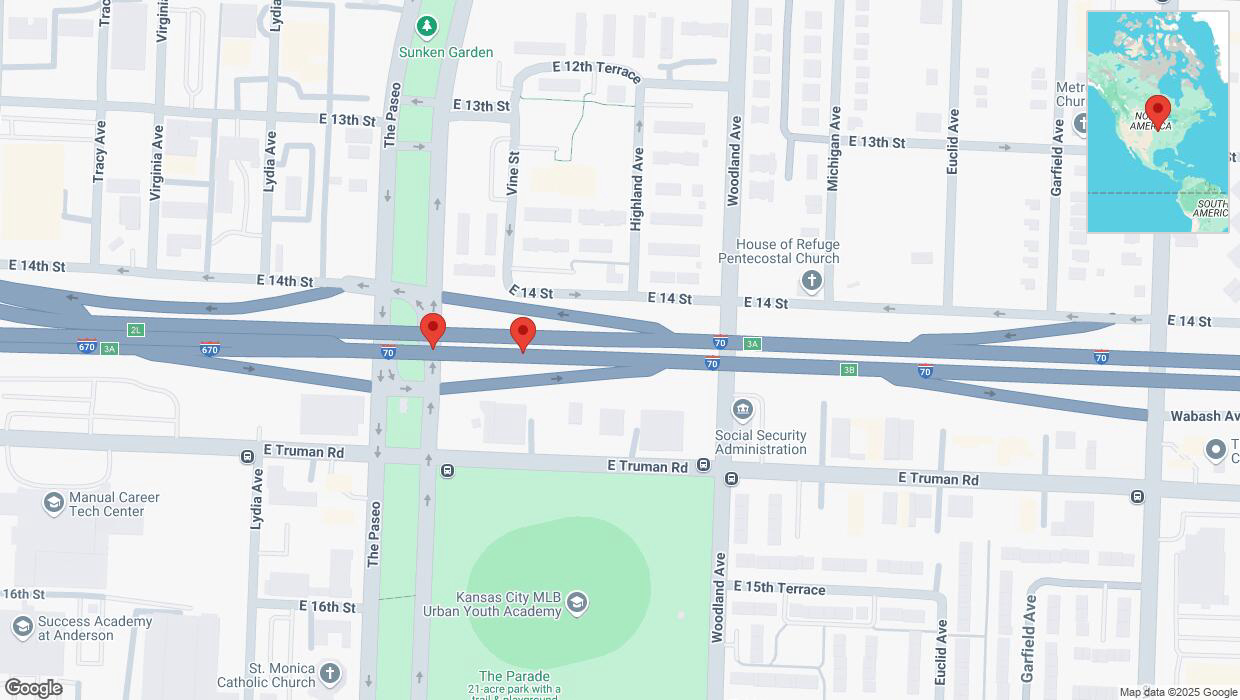 A detailed map that shows the affected road due to 'Warning: Crash on eastbound I-70 in Kansas City' on March 14th at 1:37 p.m.