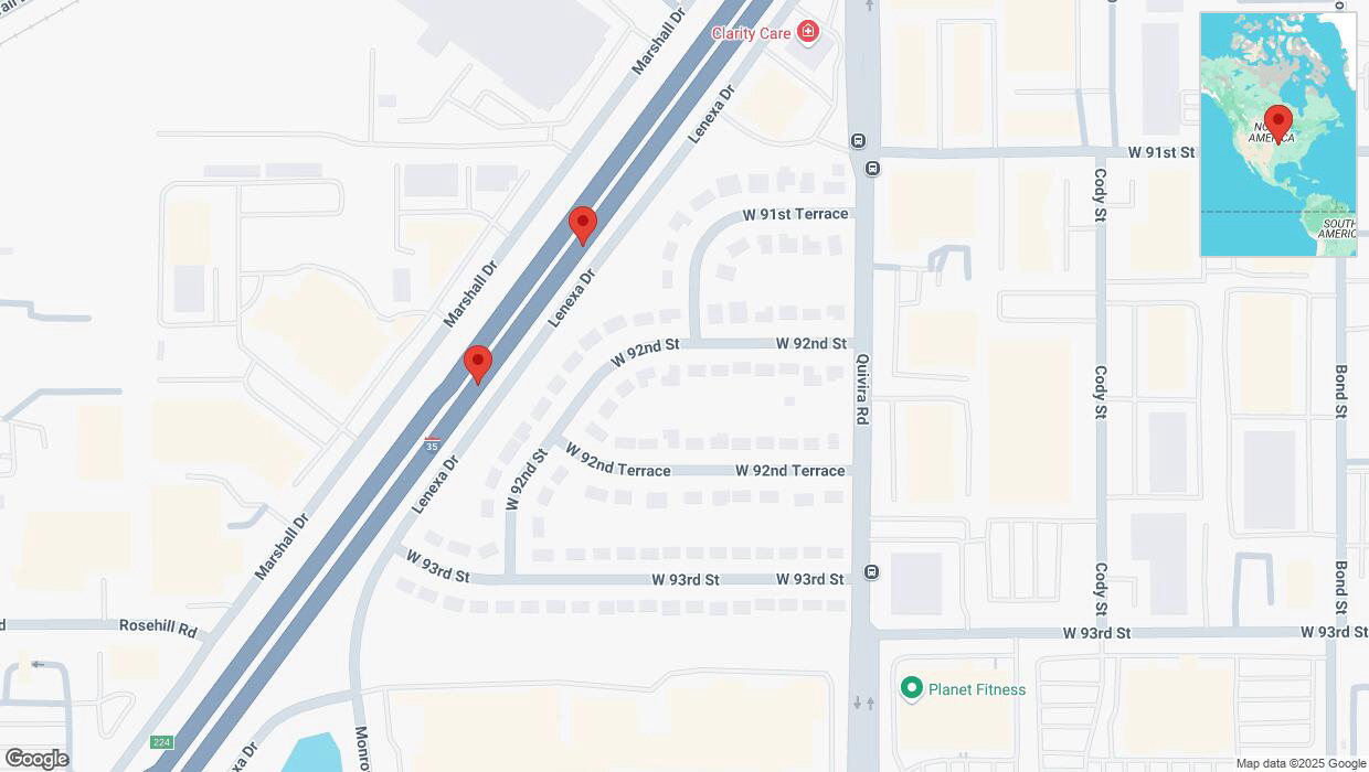 A detailed map that shows the affected road due to 'Broken down vehicle on eastbound I-35 in Lenexa' on March 14th at 2:42 p.m.