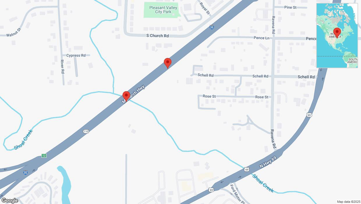 A detailed map that shows the affected road due to 'Broken down vehicle on northbound I-35 in Pleasant Valley' on March 14th at 3:05 p.m.