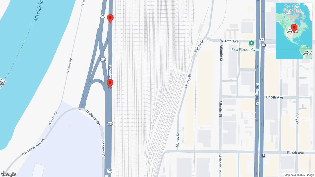 A detailed map that shows the affected road due to 'Crash reported on northbound US-169 in North Kansas City' on March 14th at 4:03 p.m.