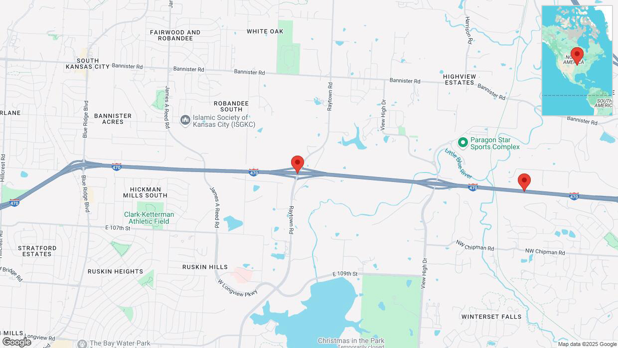 A detailed map that shows the affected road due to 'Drivers cautioned as heavy rain triggers traffic concerns on eastbound I-470 in Kansas City' on March 14th at 3:22 p.m.