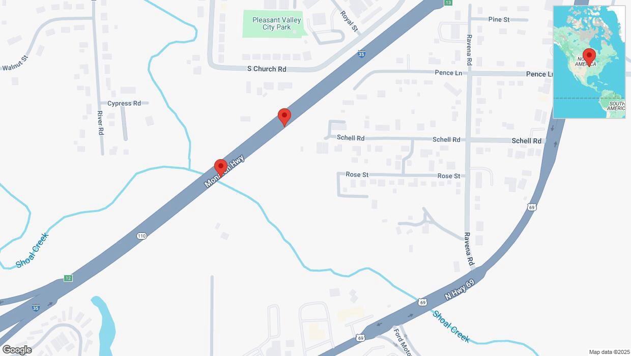 A detailed map that shows the affected road due to 'Broken down vehicle on northbound I-35 in Pleasant Valley' on March 14th at 9:31 p.m.