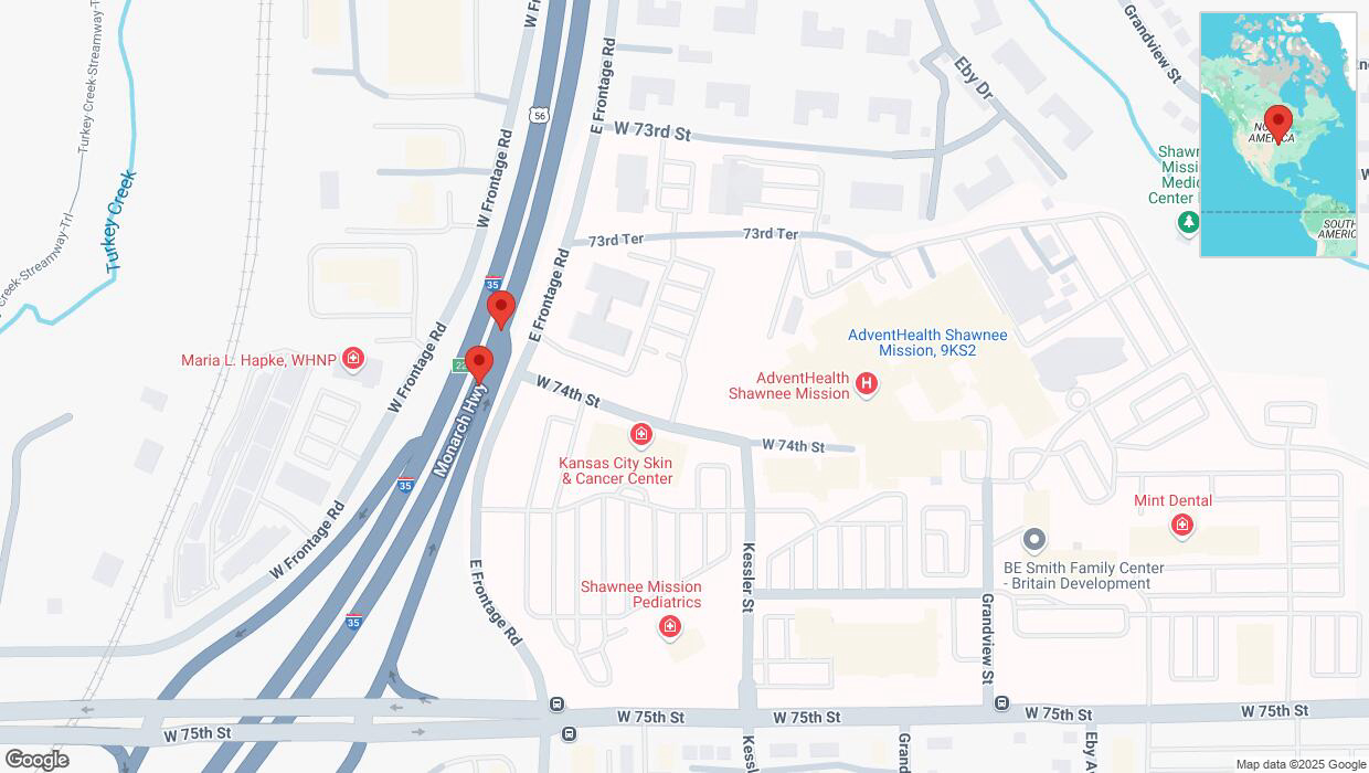 A detailed map that shows the affected road due to 'Broken down vehicle on eastbound I-35 in Merriam' on March 14th at 3:34 p.m.