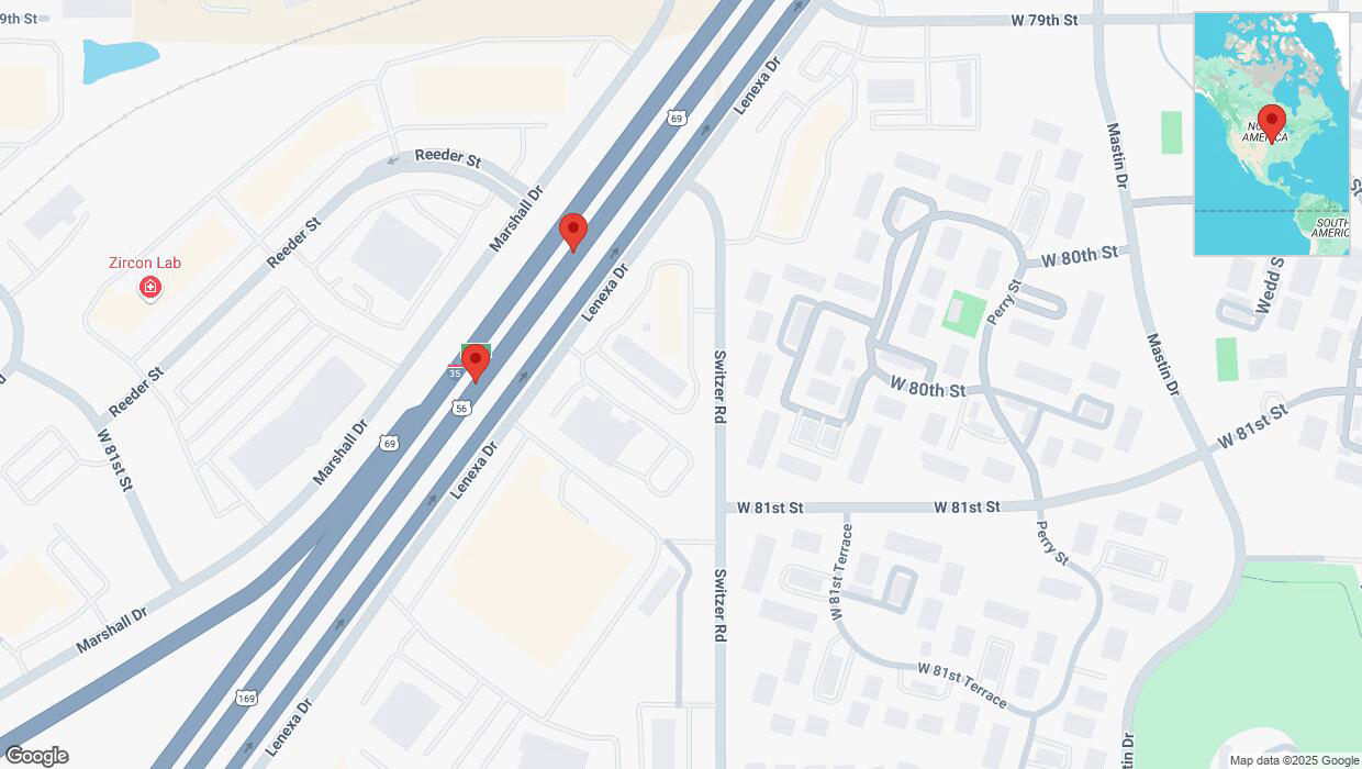 A detailed map that shows the affected road due to 'Broken down vehicle on eastbound I-35 in Overland Park' on March 14th at 4:20 p.m.