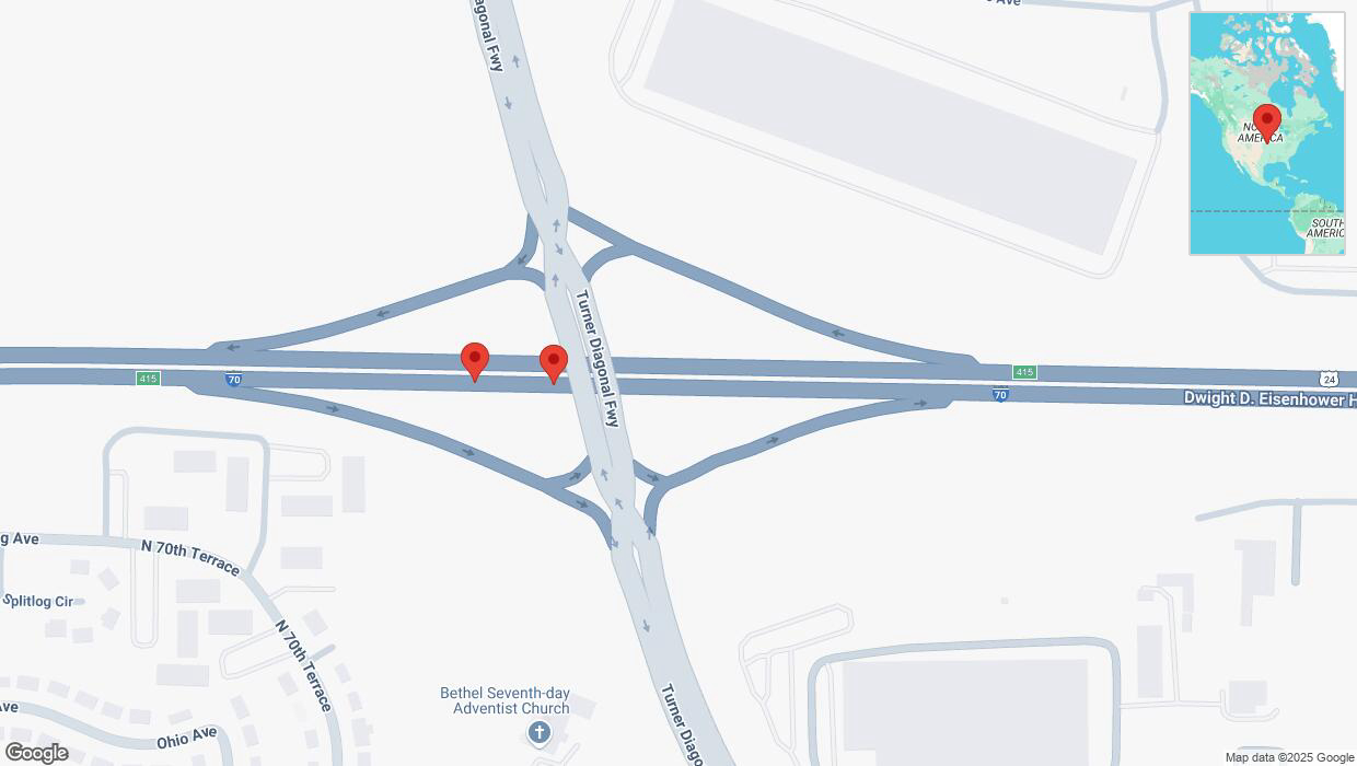 A detailed map that shows the affected road due to 'Broken down vehicle on eastbound I-70 in Kansas City' on March 14th at 5:44 p.m.